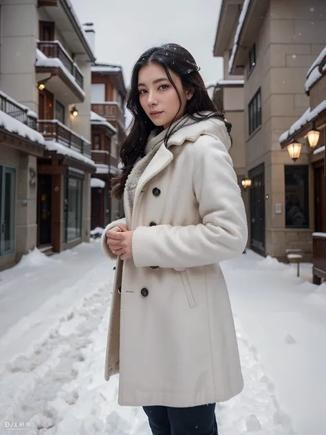 A woman stands on a snowy sidewalk, her coat billowing in the wind as she gazes into the distance. The soft snowflakes cling to her hair and eyelashes, creating a stunning portrait of beauty and strength. Rendered in the style of An Gyeon, this character p...