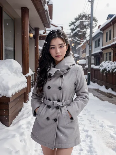 A woman stands on a snowy sidewalk, her coat billowing in the wind as she gazes into the distance. The soft snowflakes cling to her hair and eyelashes, creating a stunning portrait of beauty and strength. Rendered in the style of An Gyeon, this character p...