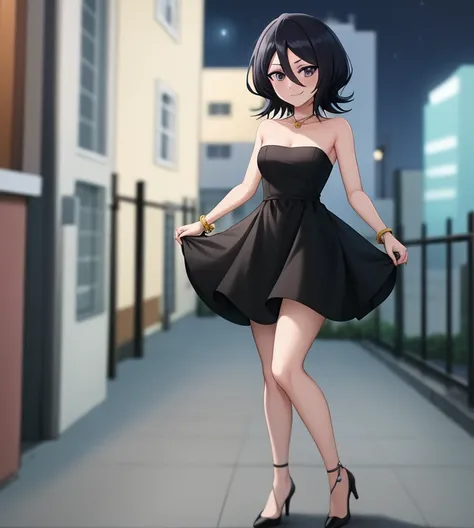 anime screencap, cityscape background, dim lights, rooftops, balcony, veranda, night falls, stars sparkling, 1 girl, solo, smile, short hair, black hair, purple eyes, hair between eyes, bare shoulders, bare neck, standing, black dress, strapless tube dress...