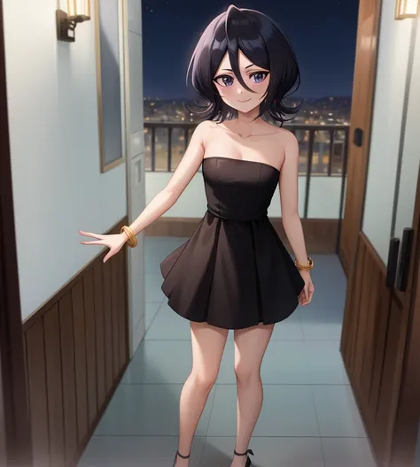 anime screencap, cityscape background, dim lights, rooftops, balcony, veranda, night falls, stars sparkling, 1 girl, solo, smile, short hair, black hair, purple eyes, hair between eyes, bare shoulders, bare neck, standing, black dress, strapless tube dress...