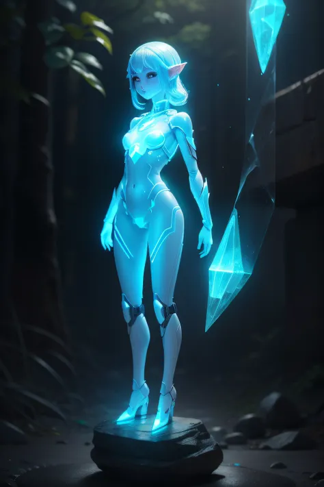 A machine AI elf girl stands on the stone ,translucent head，  The whole person  glowing, Alien technology