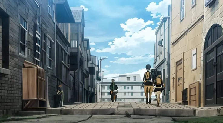 Street in anime scene with people walking on it, Opening scene, anime scene, Screenshot of the animated movie, Small town background, attack on titan scenery, Screenshot of black clover, town in background, in the anime film, Screenshots from the 2012 anim...