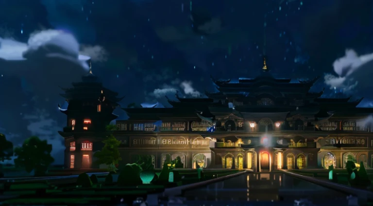 Night view of a large mansion，There  a driveway leading to it, Madhouse Studio anime style, palace background, style of madhouse anime, Anime background art, Screenshot of the animated movie, anime scene, Screenshots from the 2012 animation, Anime landscap...