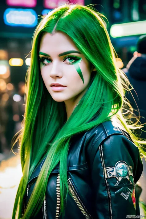 Real Women、Face Barbara Palvin、green colored hair、Green eyes、Longhaire、The tattoo、jaket、World of Cyberpunk、