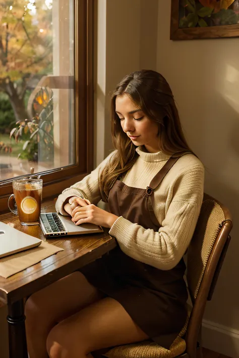 n the cozy ambiance of a cafe adorned in warm autumn hues, visualize a captivating scene of a girl immersed in her work on a laptop. The cafe  bathed in rich tones of deep oranges, soft browns, and muted golds, reminiscent of autumn leaves. Large windows a...