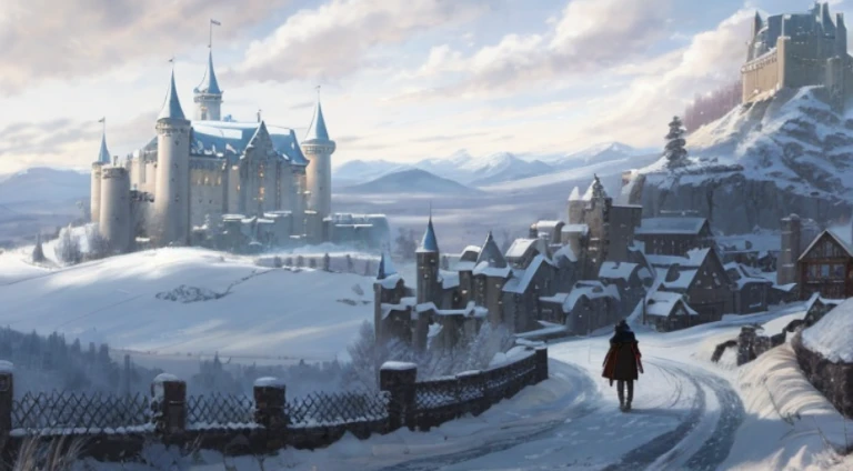 Snow-capped castle，A man walks along the path ahead, beautiful anime scenes, landscape artwork, anime backgrounds, Anime background art, Claymore anime background, Anime landscape concept art, Anime landscapes, castle scene manga, Anime landscapes, anime s...