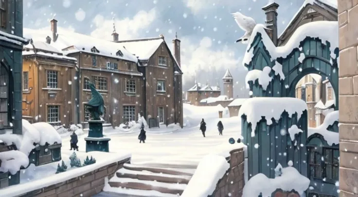 There  a painting of a snowy courtyard，statue with a bird on it, Arte conceitual de inverno, immensely detailed scene, anime scene, Anime landscape concept art, beautiful anime scenes, attack on titan scenery, castle scene manga, Snowy environment, Thick w...