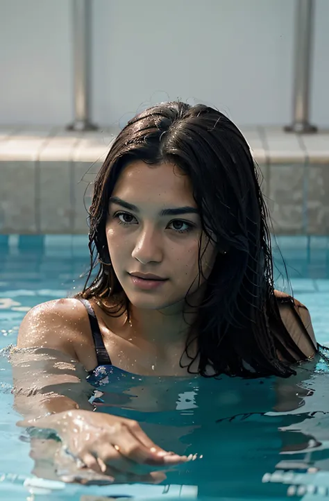 a woman swimming in a pool, black long hair, lifeeguard