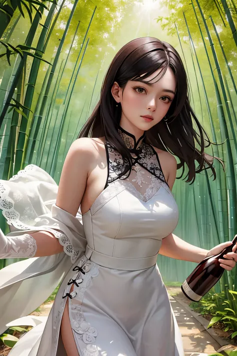 ((Best quality at best)),China-style，Deep in the bamboo forest，The sun shines through the gaps in the bamboo leaveorming a mottled light and shadow。A woman in a white dress holding a bottle of wine，Walk through the bamboo forest，Side close-up，Lace gloves