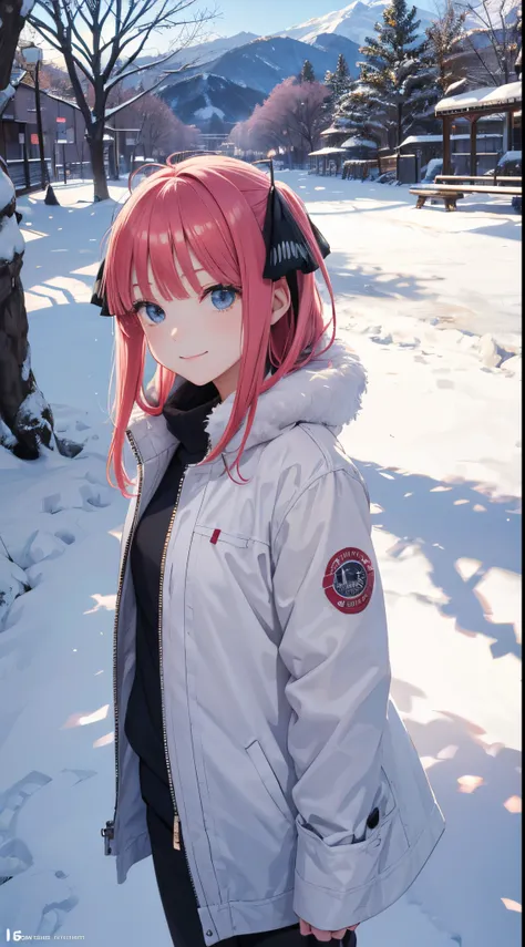 Nino Nakano sonriendo,cabello largo,sexy,ropa de nieve,parque nevado