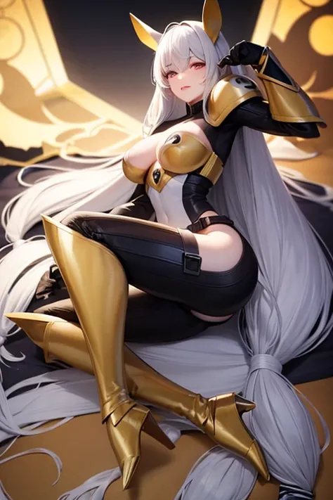 long hair, white hair, facial mark, BREAK armor, belt, bodysuit, gauntlets, golden armor, high heels,yin yang, nude, naked, large breasts