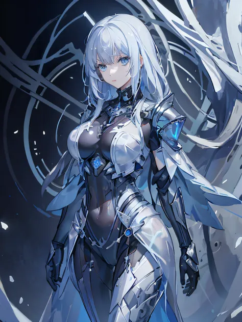 Anime girl with white hair and blue eyes standing in front of black background, Armor Maiden, Robot-silver-haired girl, Anime art wallpaper 4k, Anime art wallpaper 4k, best anime 4k konachan wallpapers, detailed digital anime art, White armor, Starting fro...