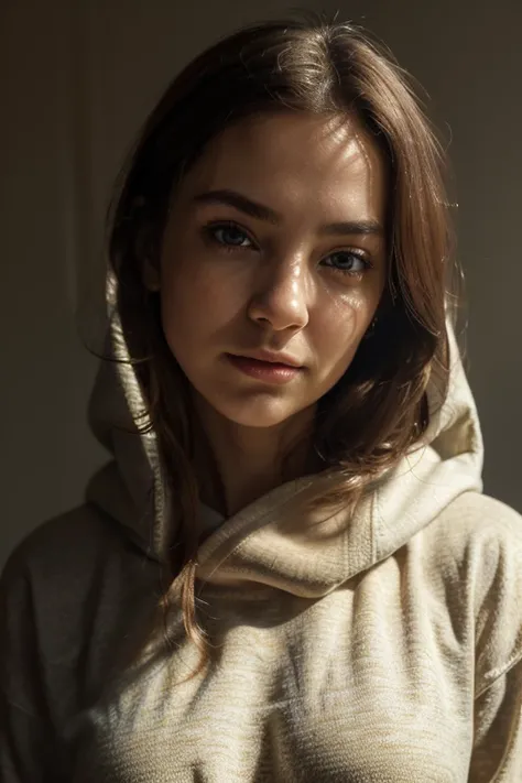 (Best quality, Ultra detailed, Golden ratio, Masterpiece:1.2), Theatrical lighting:0.7, Photo of a woman, dressed in hoodie, Perfect rare face, (Highly detailed skin), randomly dyed hair, Hide your mouth with your hands、Ridicule, skin texture, Pale skin, s...