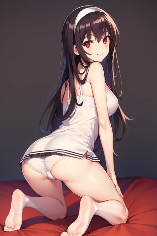 kasumigaokautaha, ((full body)), ((full pose)), ((slim body)), ((perfect body)), ((slim legs)), utaha kasumigaoka, black hair, hairband, long hair, (red eyes:1.5), masterpiece, best quality, highres, kasumigaoka utaha, 1girl, solo, ((on all fours:1.4)), ((...