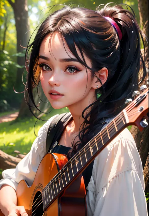 (best quality,4k,highres:1.2),ultra-detailed,realistic,beautiful detailed eyes,beautiful detailed lips,extremely detailed eyes and face,longeyelashes,1woman,woman sitting on tree trunk with playing a guitar,autumnal,falling leaf,Cinematic light and shadow,...