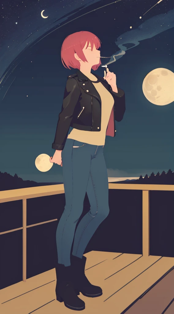 1 Downer woman(smokeing),leather jackets,jeans,Short boots,look up sky,verandah,Midnight,Full moon in the sky,4K,High quality,Ultra Detail,super precision,masutepiece,