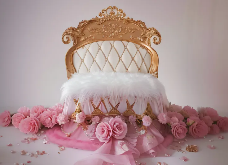 hay una silla con una almohada de plumas blancas y flores rosas, Corona de rosas, glamorous composition, rosa y oro, en su trono, corona de rosa, encaramado en el intrincado trono, corona de plumas muy largas, sentado en un trono dorado, sentado en una sil...