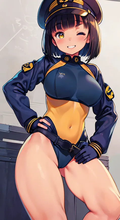 (Perfect body),Best Quality,(8K Portrait),(anime screen cap)、((Police Woman)),blush,Sweat,((large udder))、(Dark hair),((bob cuts))、Yellow eyes,(((thick thighs))),((((Navy blue leotard))))、from behind、((A smile))、Cowboy Shot、((saluting))、((((Left hand on hi...