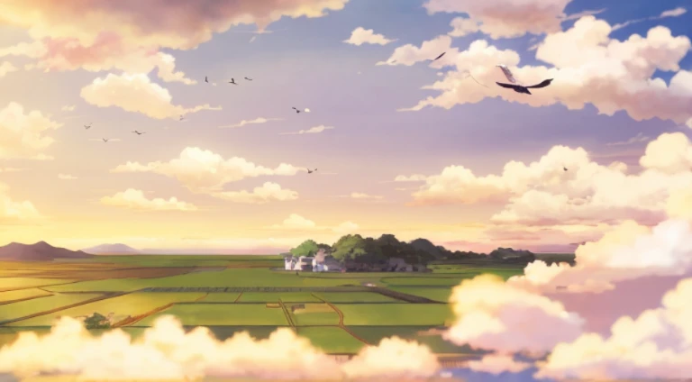 anime scene，There are many clouds in the fields，There are several birds flying in the sky, studio ghibli sky, Anime countryside landscape, anime movie backgrounds, Colorful anime movie background, Studio Ghibli Sunshine, background aerial battle, anime bac...