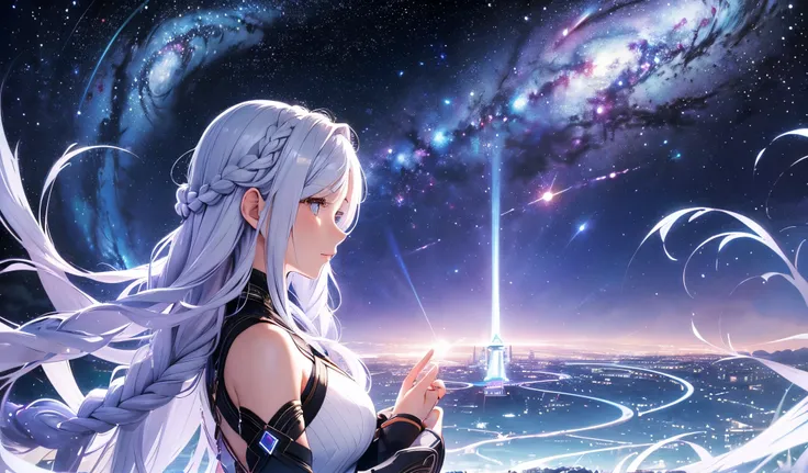 Andromeda、personification、(Beautiful silver hair long from side to side２Woman with hairstyle modeled with braids in book):1.3、Woman alone、(Beautiful spiral galaxy of the Andromeda Nebula shining in the night sky):1.9、​masterpiece、realisitic、raw