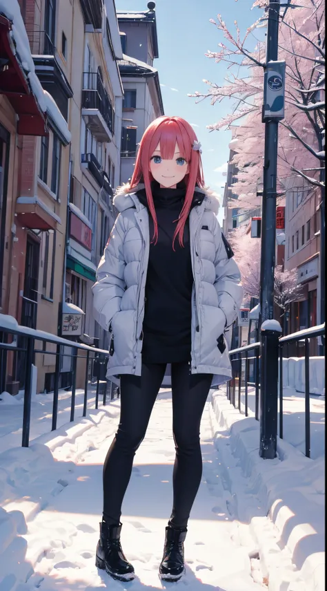 Nino Nakano sonriendo,cabello largo,sexy,ropa de nieve,parque nevado