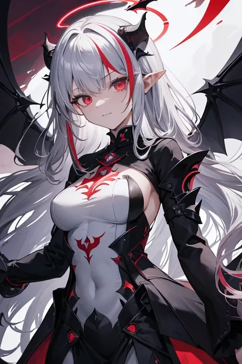 Within the confines of a detailed anime realm,beast style,has an evil look,laughing out loud,The pattern shines crimson,Its black and shiny,empty eyes,is a girl,is a robot,stylish composition,dragon layer,whole body is a machine,hair color is silver and Ve...