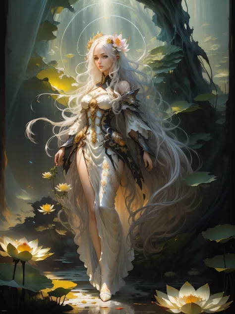 oil painting, brush strokes, paint splashes, colorful, masterpiece, best quality, ultra detailed wallpaper, 1 beautiful fairy, white semitransparent short dress, long curly hair, small tits, ((light passing through hair:1.3)), (high contrast, official art,...