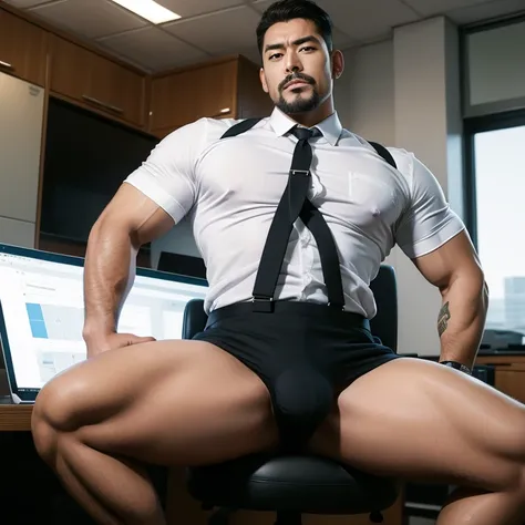 Gay，(very thigh micro Thong)，Bulge，fortitude，In the office，Office，Black short stockings，Suspenders，liquids ，lbeard，fortitude，Bukkake，k hd，artwork of a，underdressing，Big ass with masculine characteristics，Maori Kogoro，Big ass, ((photorealistic)) , (real men...