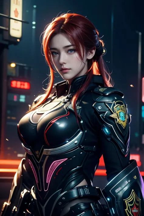 high high quality,A high resolution,masterpiece,8K,(Hyperrealistic photos),(Portrait),digital photography,(真实感:1.4),20岁女孩,exquisite facial features,a purple eye,Red Eyeshadow,((Cyberpunk-style police officer)),Random hairstyles,(red tinted hair),Big breast...