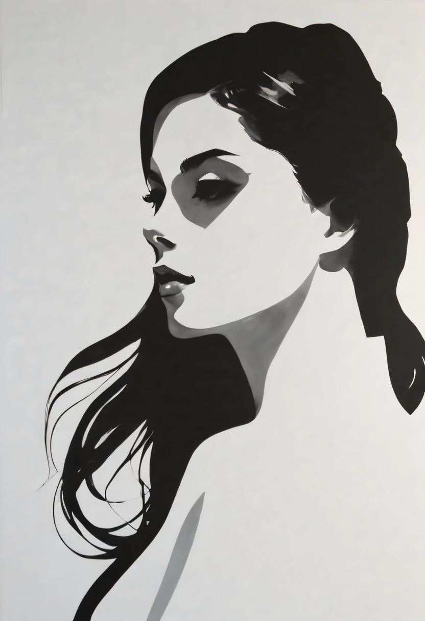 (maximalist:1.5)，Mono Color，A beautyful girl，siluette，abstract painting，Lots of white space