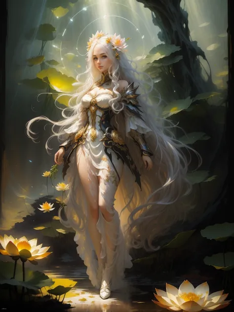 oil painting, brush strokes, paint splashes, colorful, masterpiece, best quality, ultra detailed wallpaper, 1 beautiful fairy, white semitransparent short dress, long curly hair, small tits, ((light passing through hair:1.3)), (high contrast, official art,...