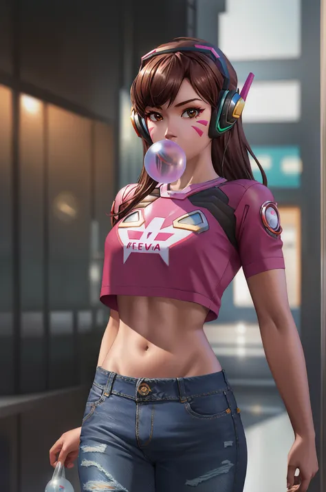 perfect eyes:1.2, detailed eyes:1.4, cowboy shot, blow bubble gum, d.va, crop top overhang, ripped jeans, long hair, brown hair,...