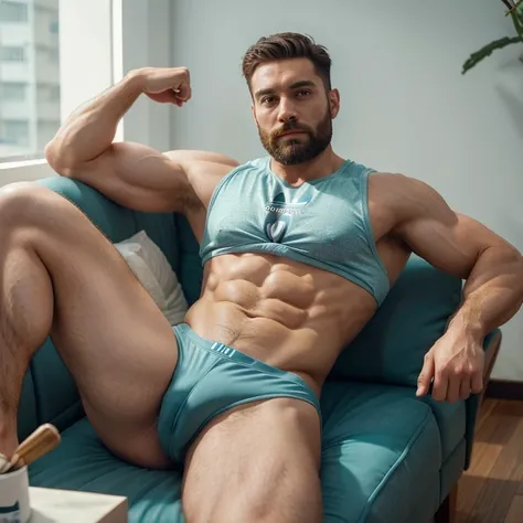 1 muscular man,hairy and bearded,short hair, and sexy face,beautiful eyes,Bulge Big  in Adidas paints,suite gym clothes,macho legs,masterpiece,low quality photo,photo,real, I see I dont