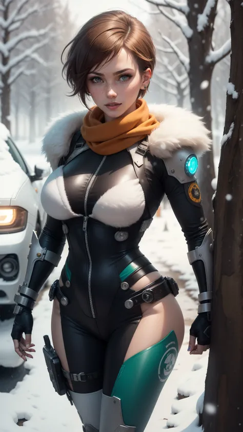 gwen tennyson,tracer,lara croft,rebecca chambers,overwatch,atelier ryza,close up,christmas forest,tattoos,orange plugsuit,short sleeve pilot leotard,short sleeve cyborg pilot jacket,orange sport leggings,cyborg pilot leather corset,short hair,punk makeup,g...