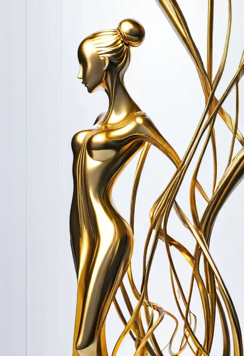 (maximalist:1.5)，(Metal sculpture of a beautiful girl:1.3)，(Lines are curved and smooth:1.2)，golden colored，(rainbowing:1.1)，abstract sculpture，minimalistic background，Line winding sculpture，(Best quality at best，ultra - detailed，Best Best Illustration，The...