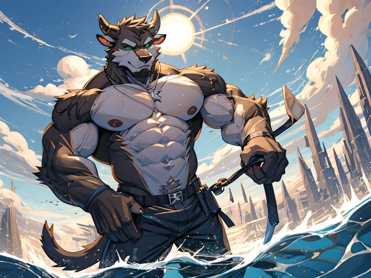 furry,bara,brown cow,masculine,green eyes,Bouncy body,Nude body,Wear blue swimming trunks,Standing in the lake,The sun has set..