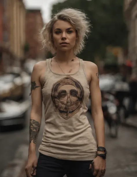 A far left liberal young woman, 25 years old, activist, non-binary, dressed like a punk, anarchist, petite body, tattoos, punk haircut, standing outside of a brownstone stoop, rebelious, entire body visible, full body, hyperrealistic, best quality, 8K, rea...