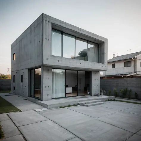 House made of concrete and glass in a minimalist style, loft, Geometric shapes, Modern design, minimalism