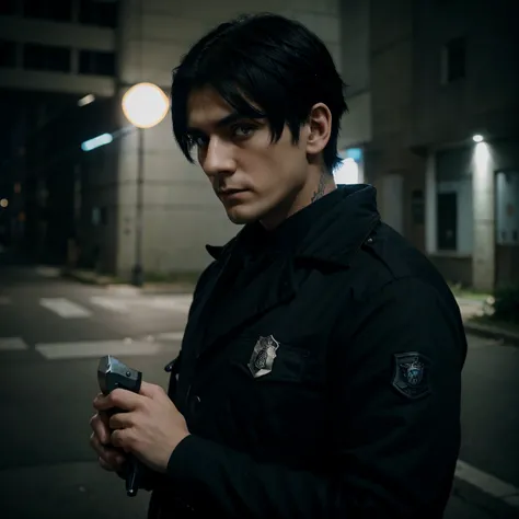 Anime man, short black hair, tall, police officer, Gothic, blue eyes, knife,