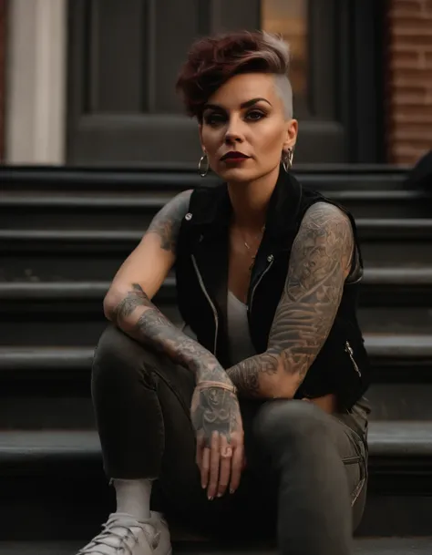 A far left liberal young woman, 25 years old, activist, non-binary, dressed like a punk, anarchist, petite body, tattoos, punk haircut, standing outside of a brownstone stoop, rebelious, entire body visible, full body, hyperrealistic, best quality, 8K, rea...