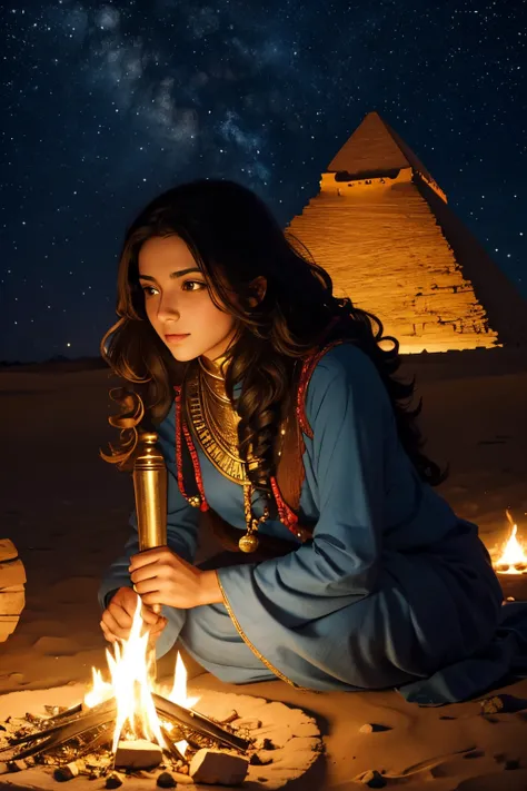 Arabian beautiful girl with long, curly hair,camp fire, The Starry Night,in the background are the Egyptian pyramids and the translucent silhouette of King Solomon, Mysticism, magic