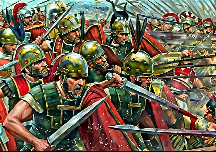 a painting of a group of men in armor holding swords, historical artistic depiction, leading spartans into battle, by Pogus Caesar, fall of rome, background of invading army, in battle, heroic battle scene, 4 0 0 , historical painting, the fall of rome, an...