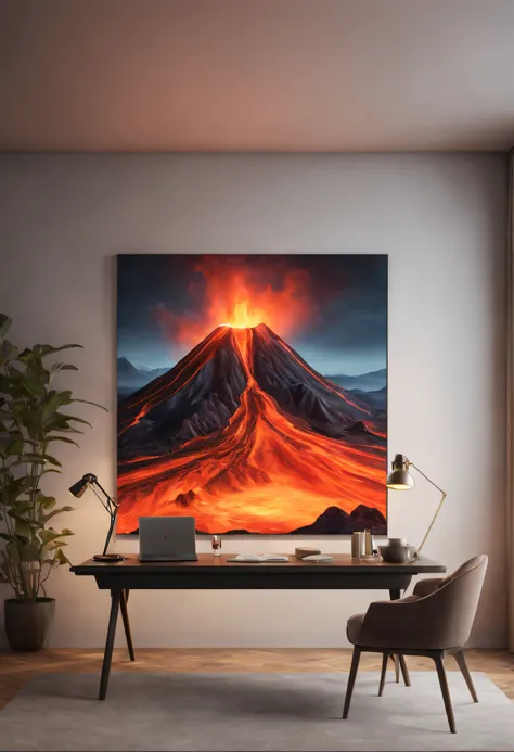 revealed through a minimalist and simple approach, Transforming the ordinary, witness a mesmerizing 3D volcanic masterpiece atop a study table bathed in an ethereal glow, Find harmony in the symmetrical design, highres, best quality, award winning, HD, 8k