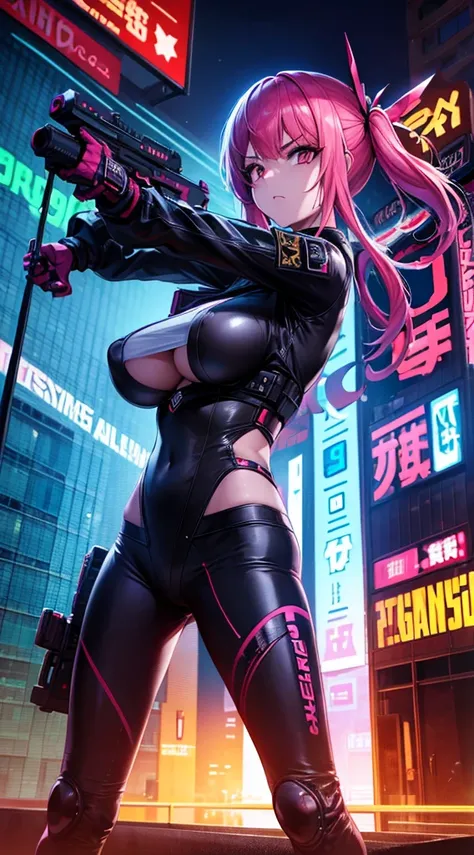 masutepiece,8K,High quality,Ultra Detail,super precision,1girl in(Shooting with P90)(in fighting)(Angry face),Colossal tits,cyberpunked,in fighting,Building area at night where it is located(cyberpunked),dazzling neon light,