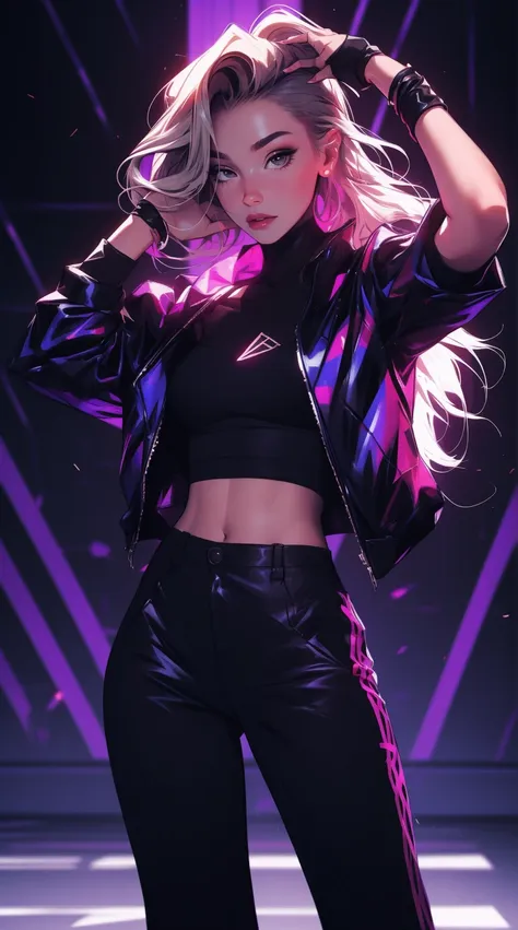 master part, 4K Ultra HD, foco nítido, Realistic; Uma menina com cabelo castanho curto, olhos cor de mel, athletic with defined muscles, adornado com uma elegante jaqueta prateada, black pants, e botas. On the arm written Miuri on Mlbb" e abaixo "mid laner...