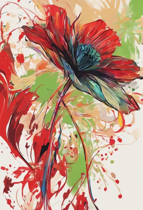 Draw an abstract painting of a single flower.,red anemone flower、use acrylic paint、Abstract artist known for his unique use of acrylic pouring, real brush strokes，aesthetic composition，Minimal style, irregular and fragmented strokes、Strong strokes occur in...