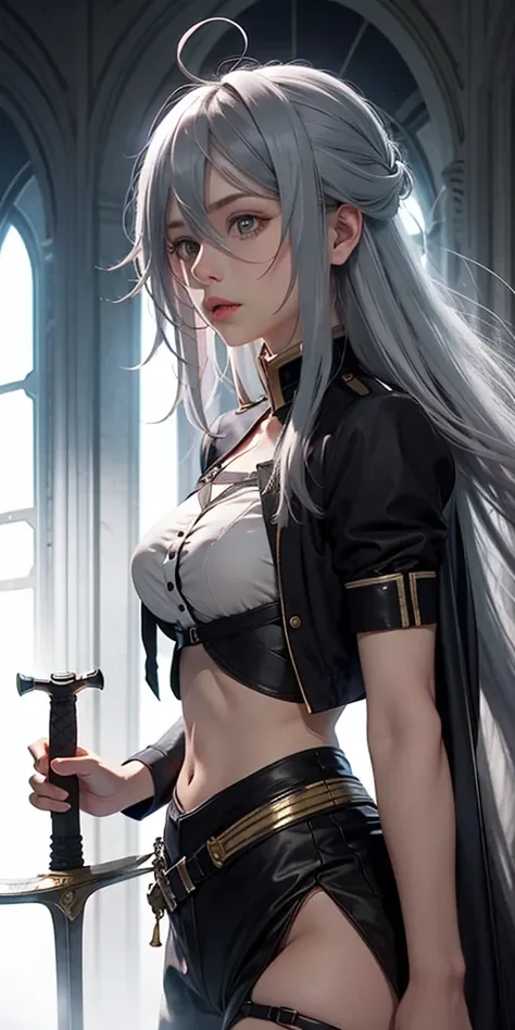 VladilenaLora, long hair, grey eyes, grey hair, sword,