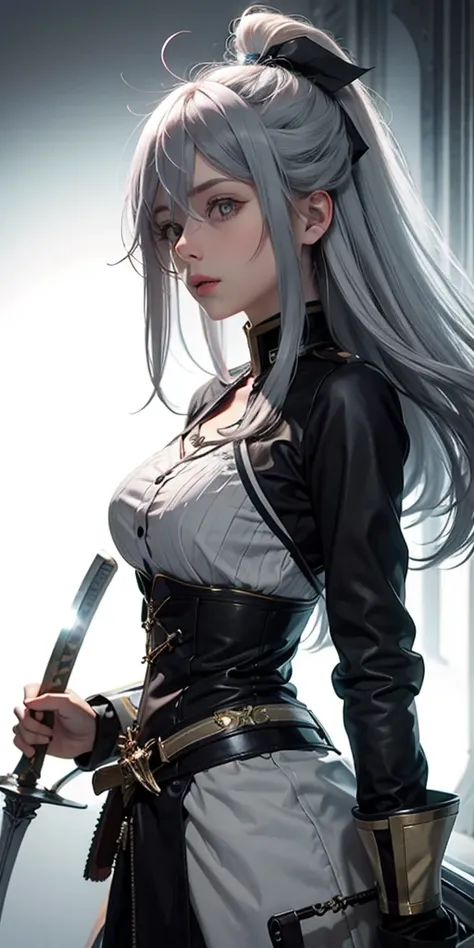 vladilenalora, long hair, grey eyes, grey hair, sword,