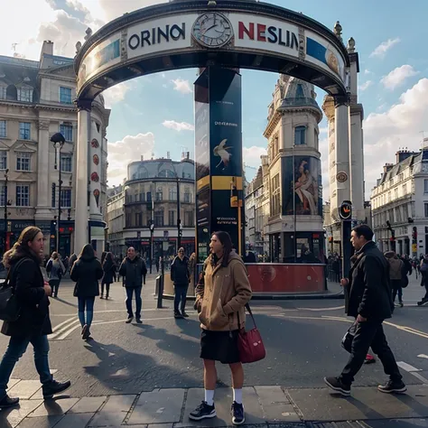 Londres calle Picadilly circus tiendas gente entre nubes y pajaros