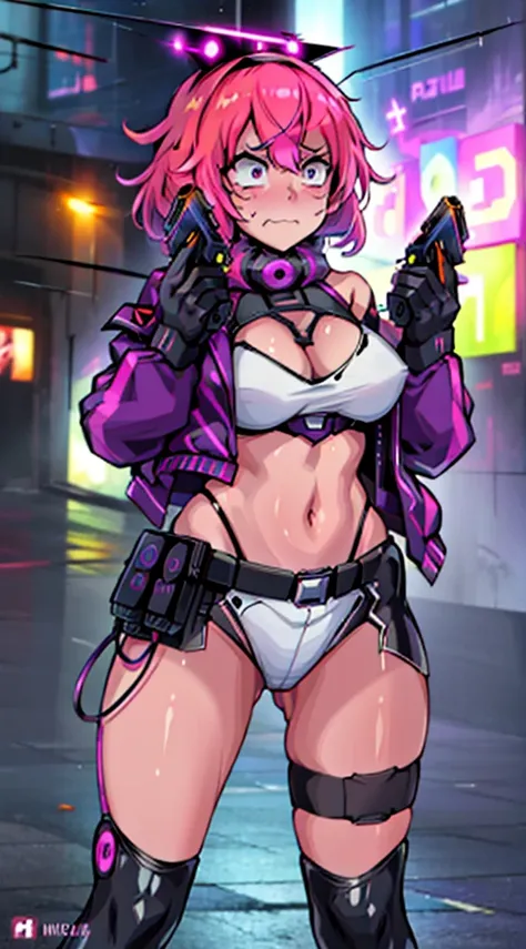 masutepiece,8K,High quality,Ultra Detail,super precision,1girl in(in fighting)(Angry face),Two-gun pistol,huge tit,cyberpunked,in fighting,Building area at night where it is located(cyberpunked),dazzling neon light,